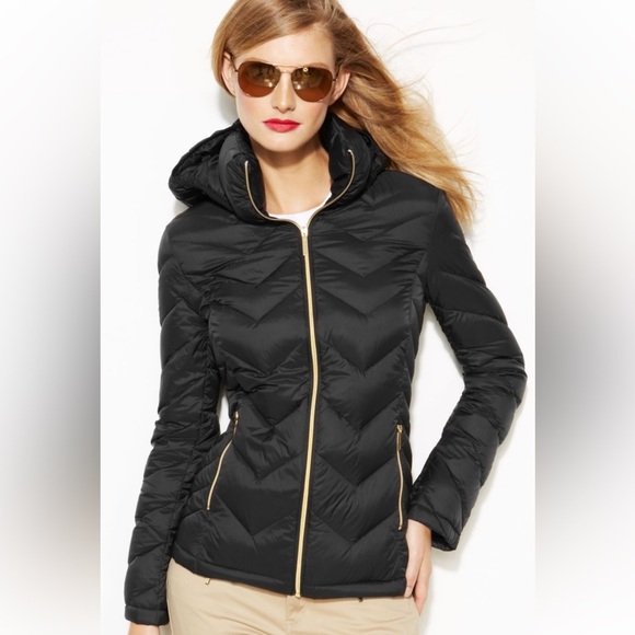 Michael Kors Chevron-Quilted Down Puffer Coat. Womens PS. Black Travel Packable - Picture 1 of 13